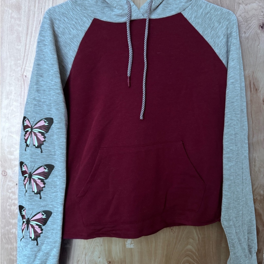 No Boundaries Burgundy and Gray Butterfly Hoodie